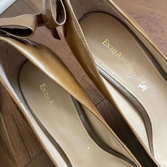Enzo Angiolini Eamistle Natural Nude Champagne Patent Leather Peep Toe Heels Bow - Picture 5 of 11